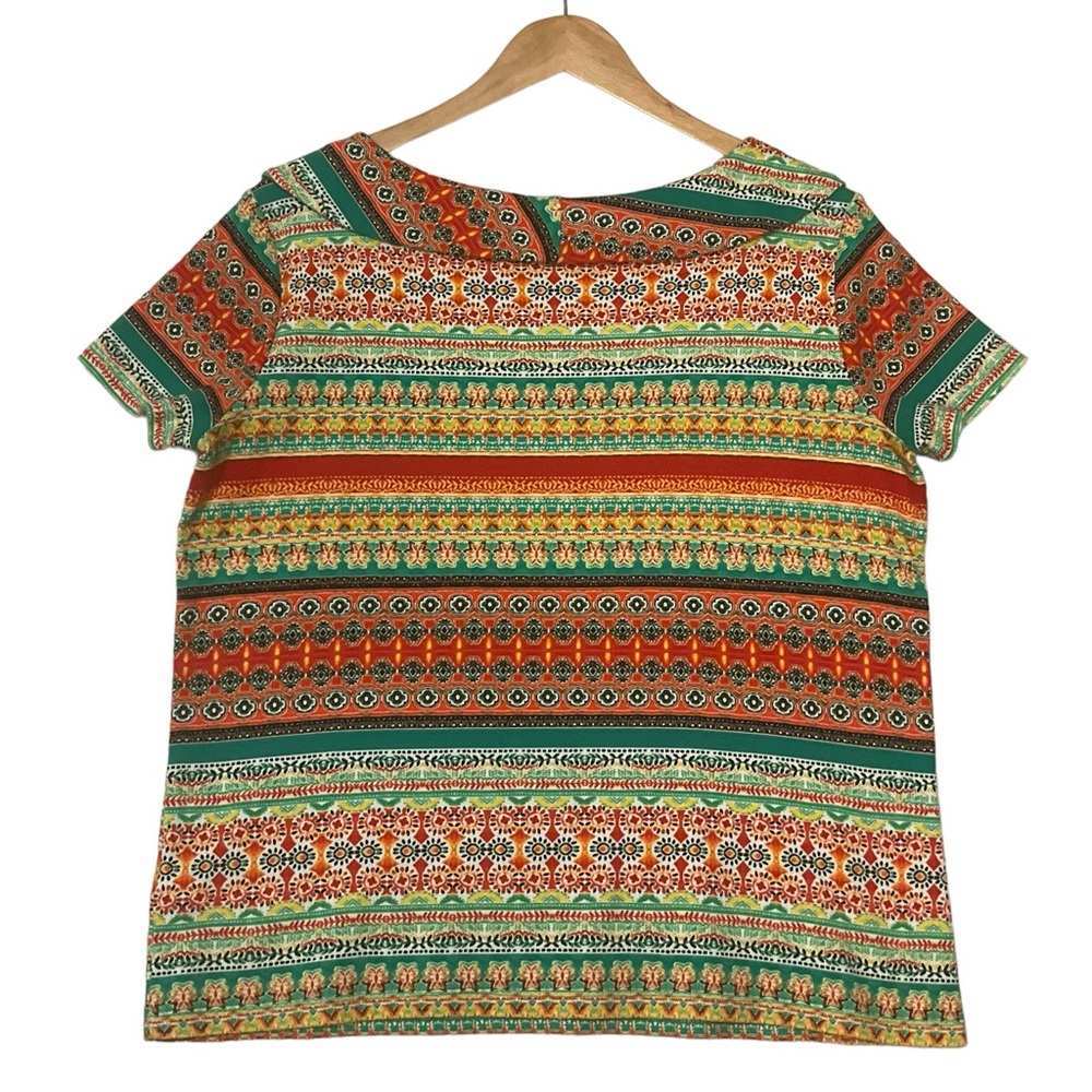 RAFAELLA sz Large Petite Top Round Collar Short Sleeves Stripes Yellow Green - Picture 2 of 6